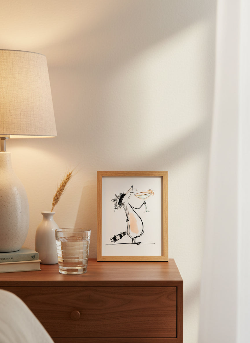 Funny Raccoon Cocktail Art art print shown in a small bedside oak setting
