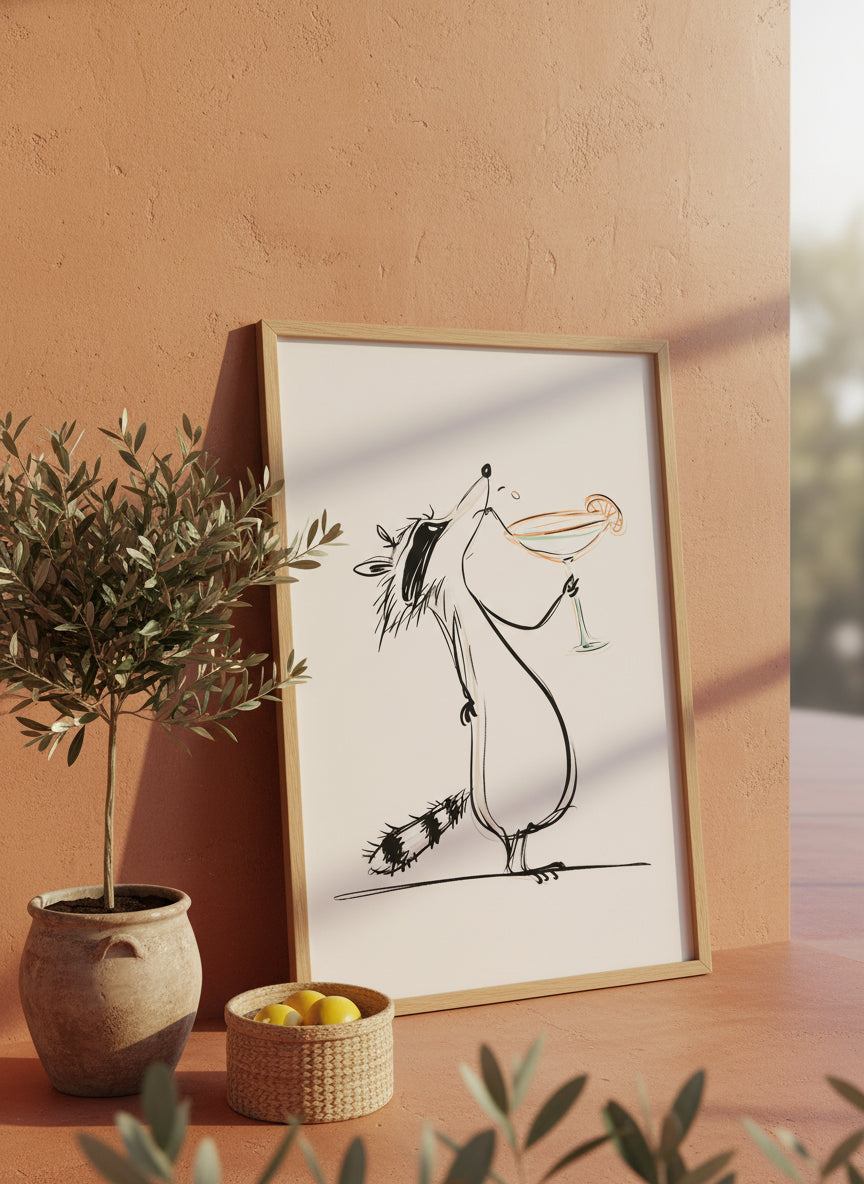 Funny Raccoon Cocktail Art art print shown in a terracotta rustic setting