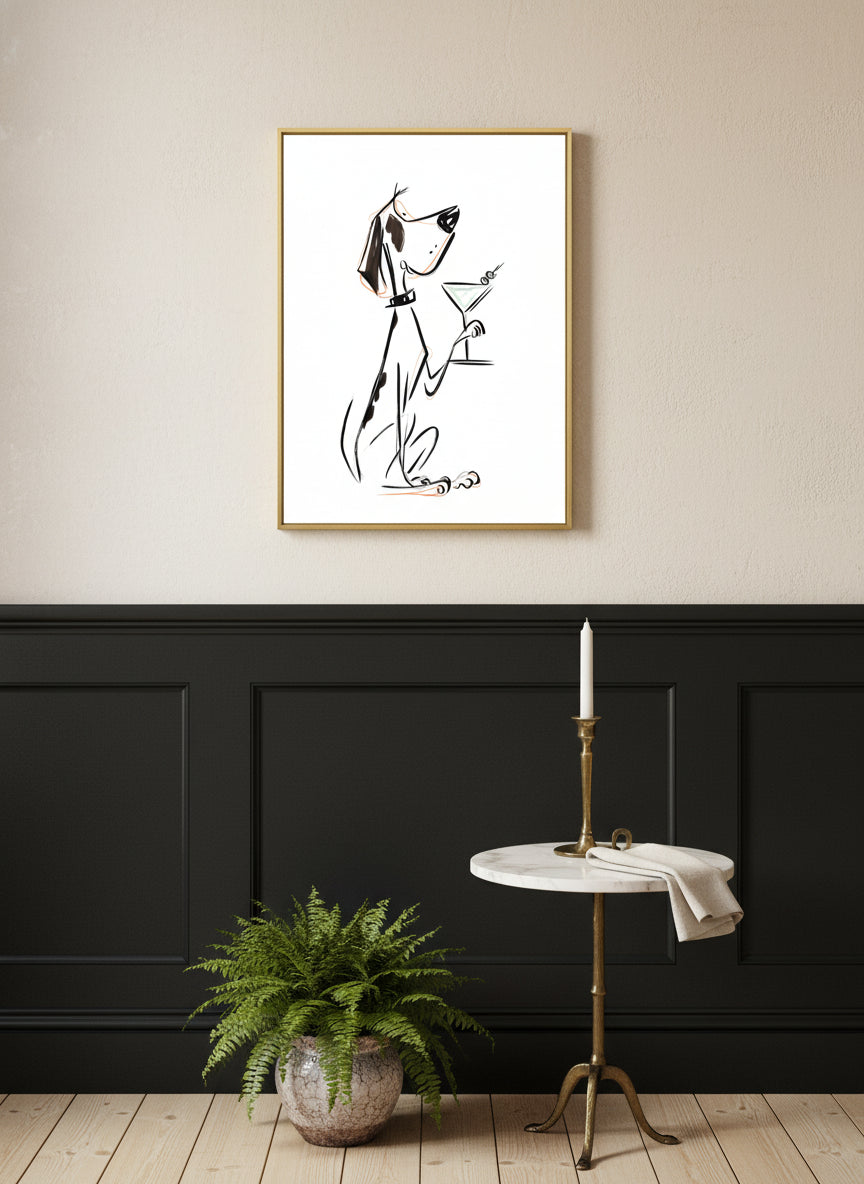 Cocktail Dog Martini Art art print shown in a black wainscoting gold setting
