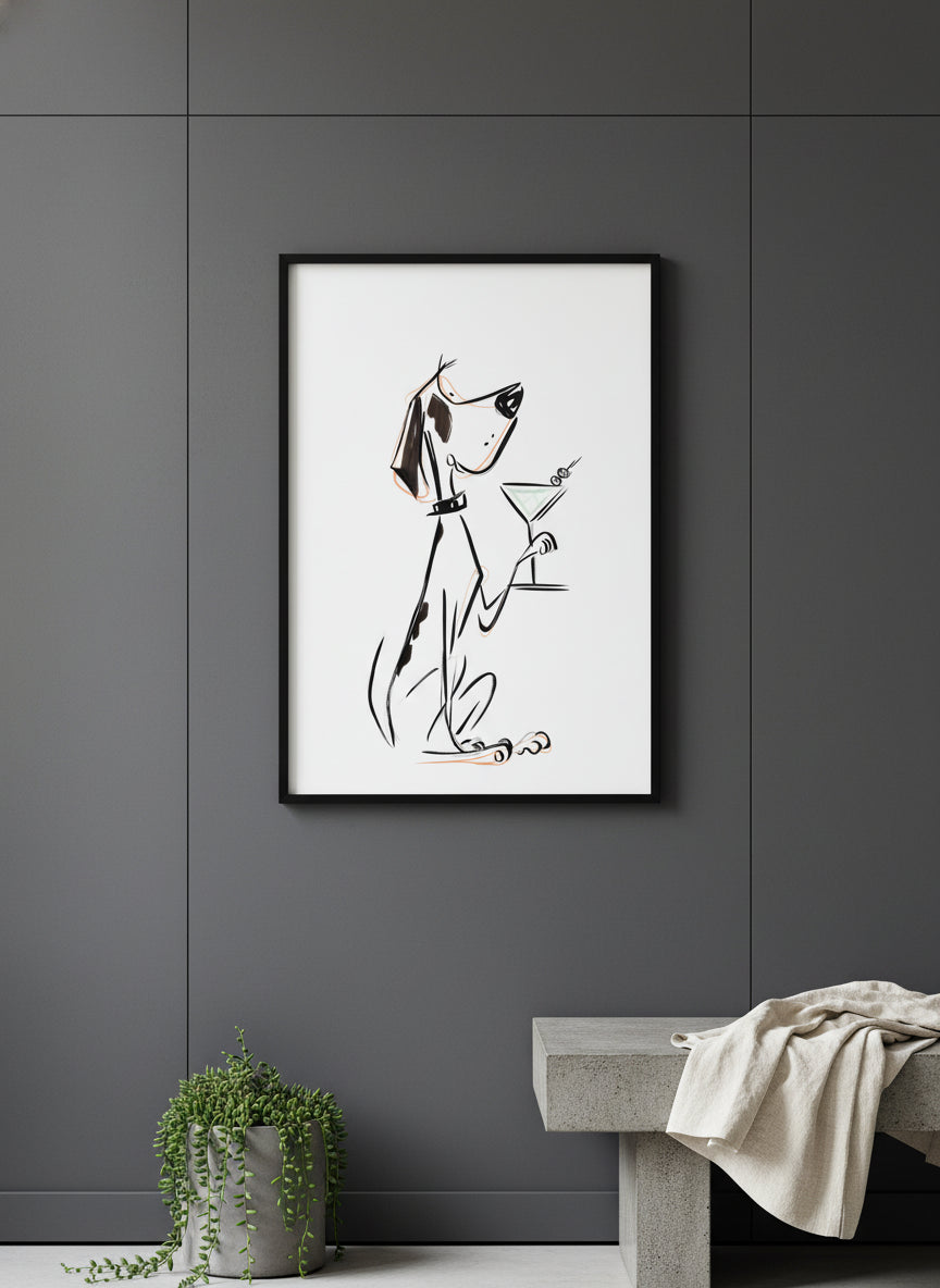 Cocktail Dog Martini Art art print shown in a charcoal minimal black setting