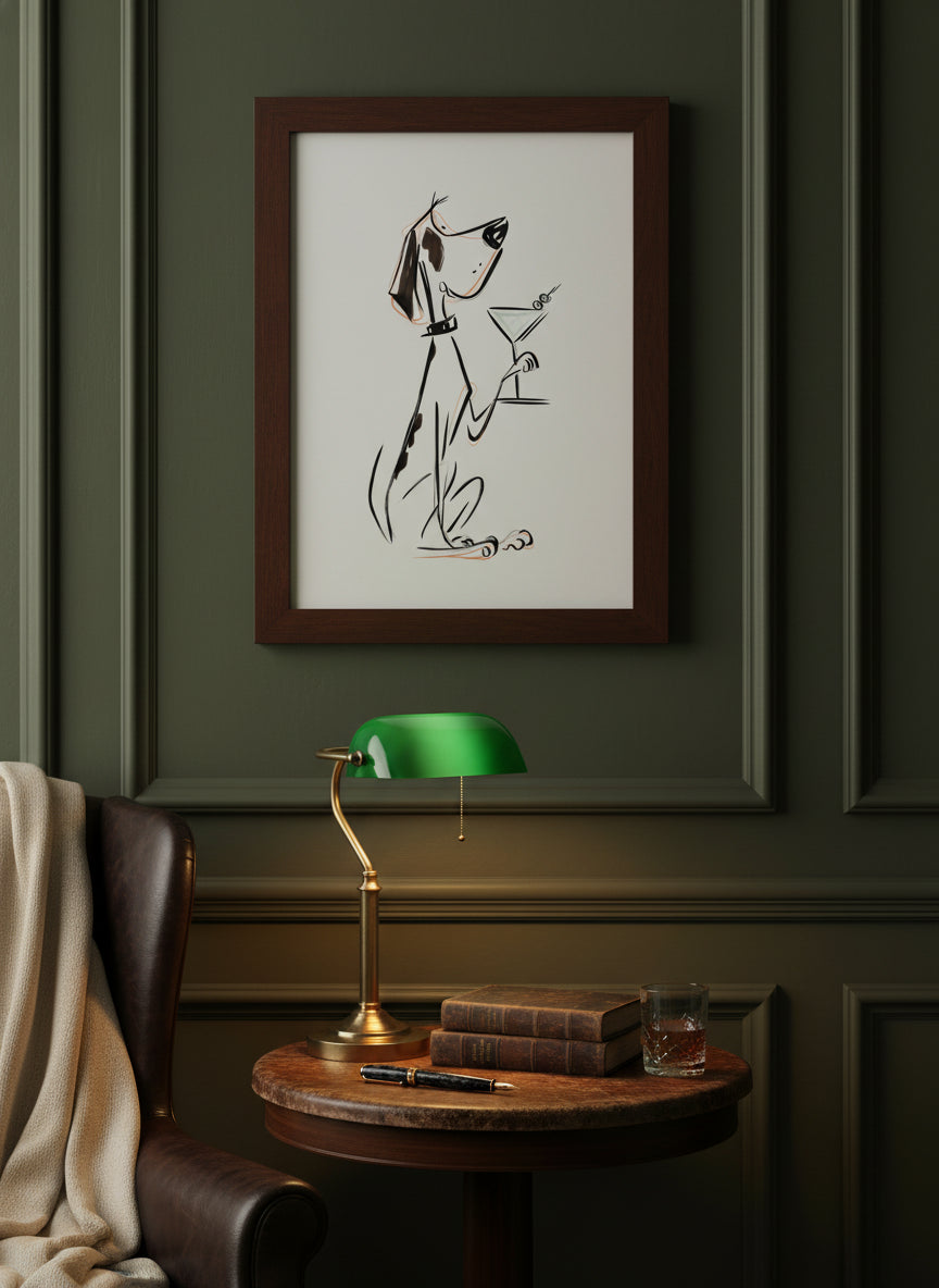 Cocktail Dog Martini Art art print shown in a dark olive study setting