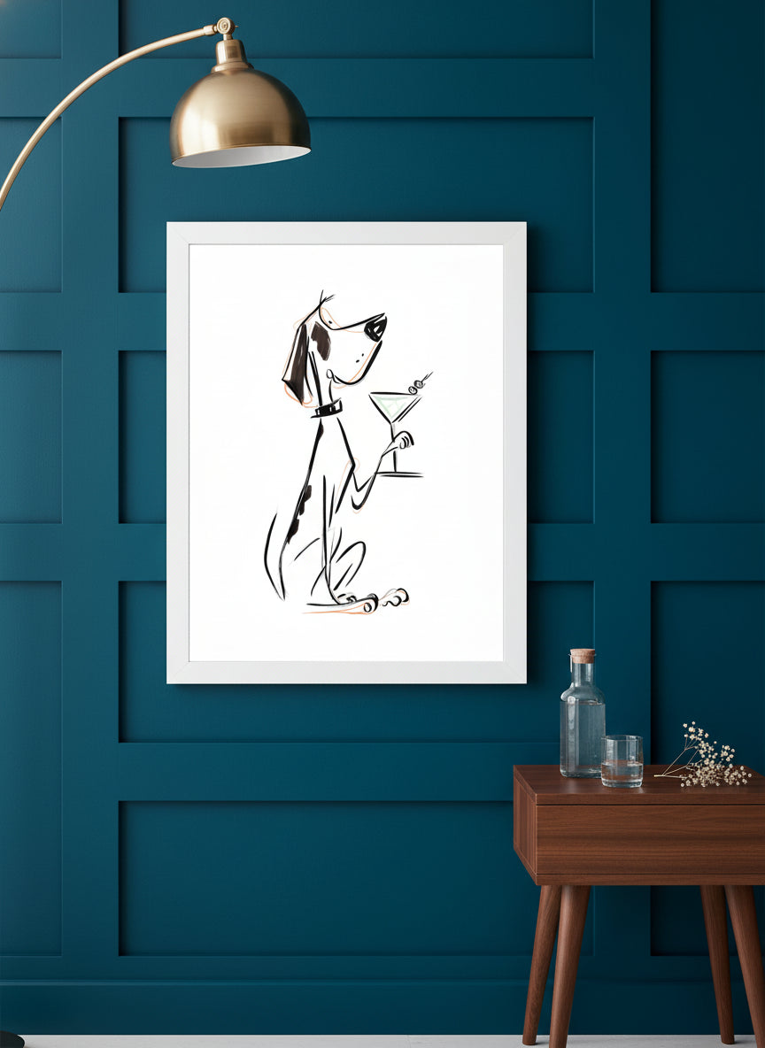 Cocktail Dog Martini Art art print shown in a deep teal modern setting