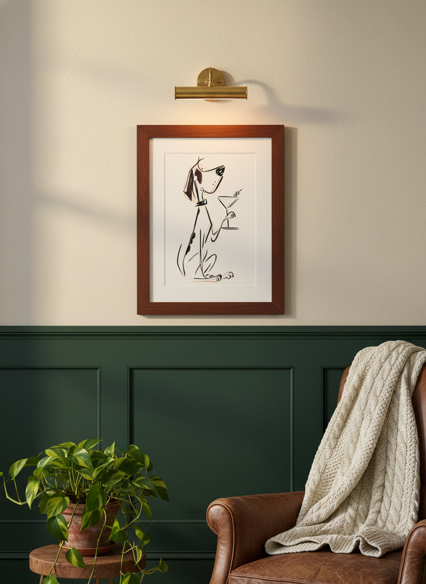 Cocktail Dog Martini Art art print shown in a forest green walnut setting