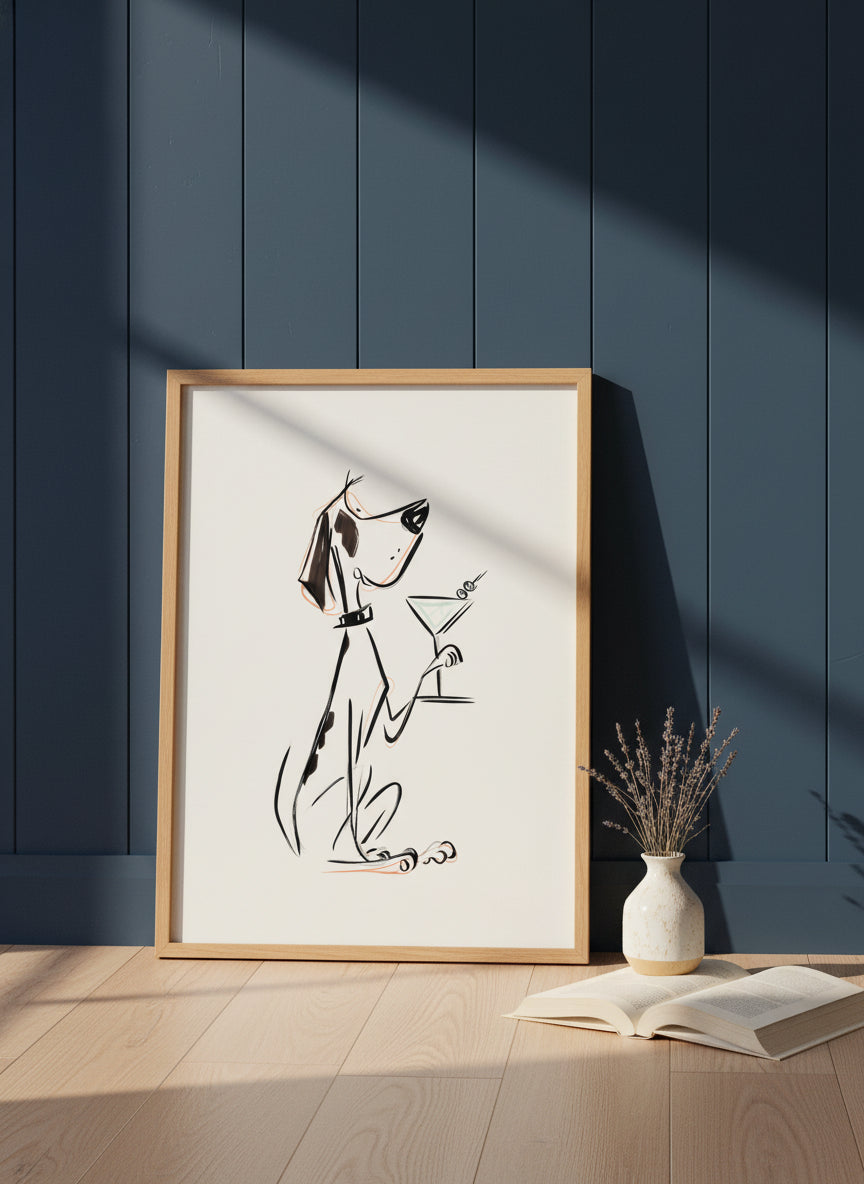 Cocktail Dog Martini Art art print shown in a navy paneled oak setting