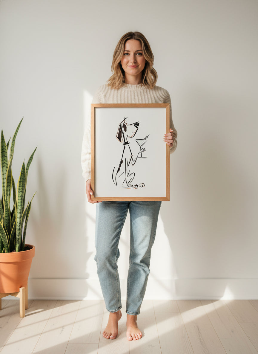 Cocktail Dog Martini Art art print shown in a person holding bright setting