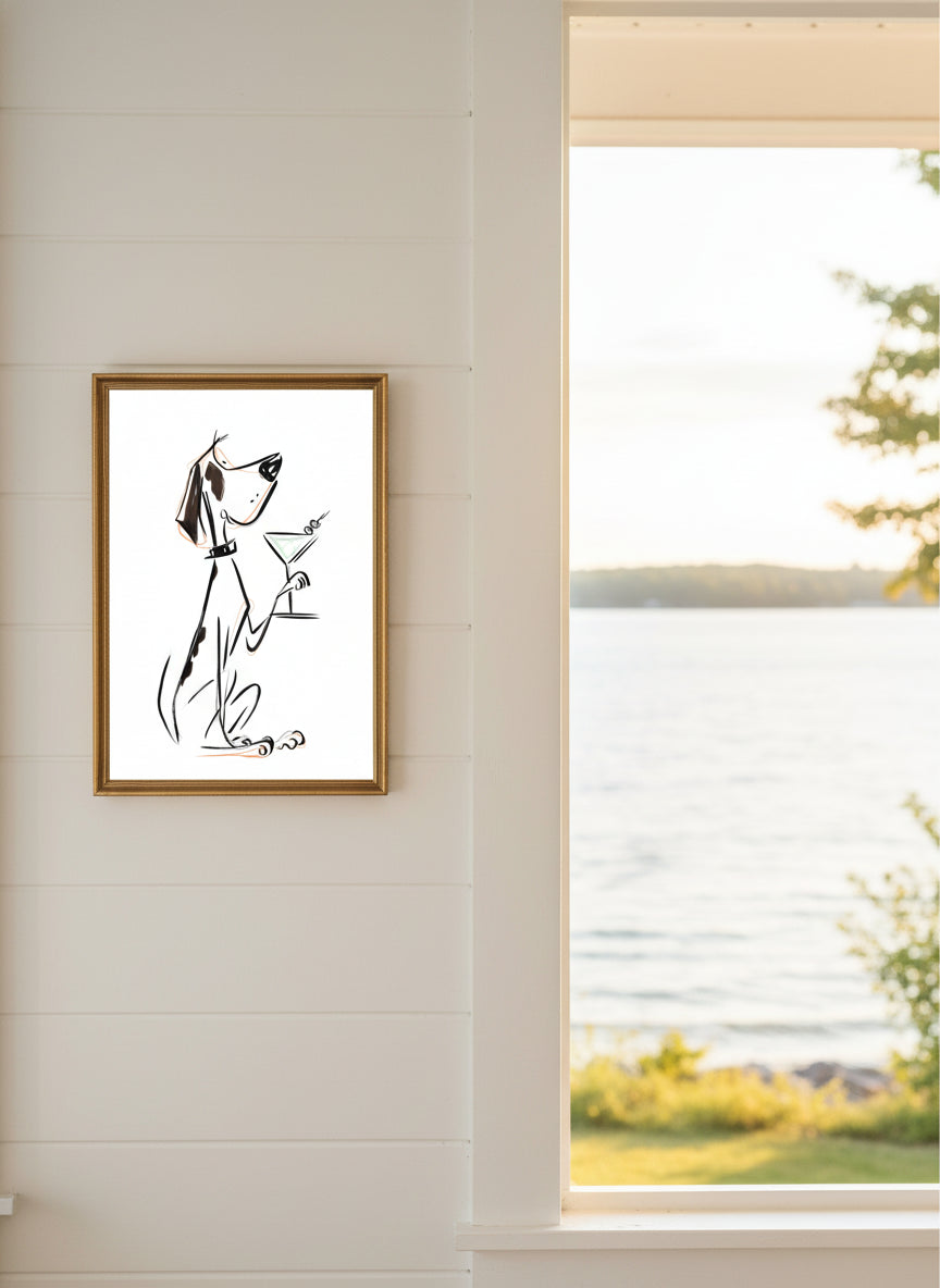 Cocktail Dog Martini Art art print shown in a shiplap blurred view setting