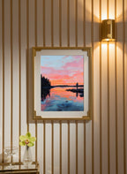 Fisherman Sunset Lake Art art print shown in a art deco geometric setting