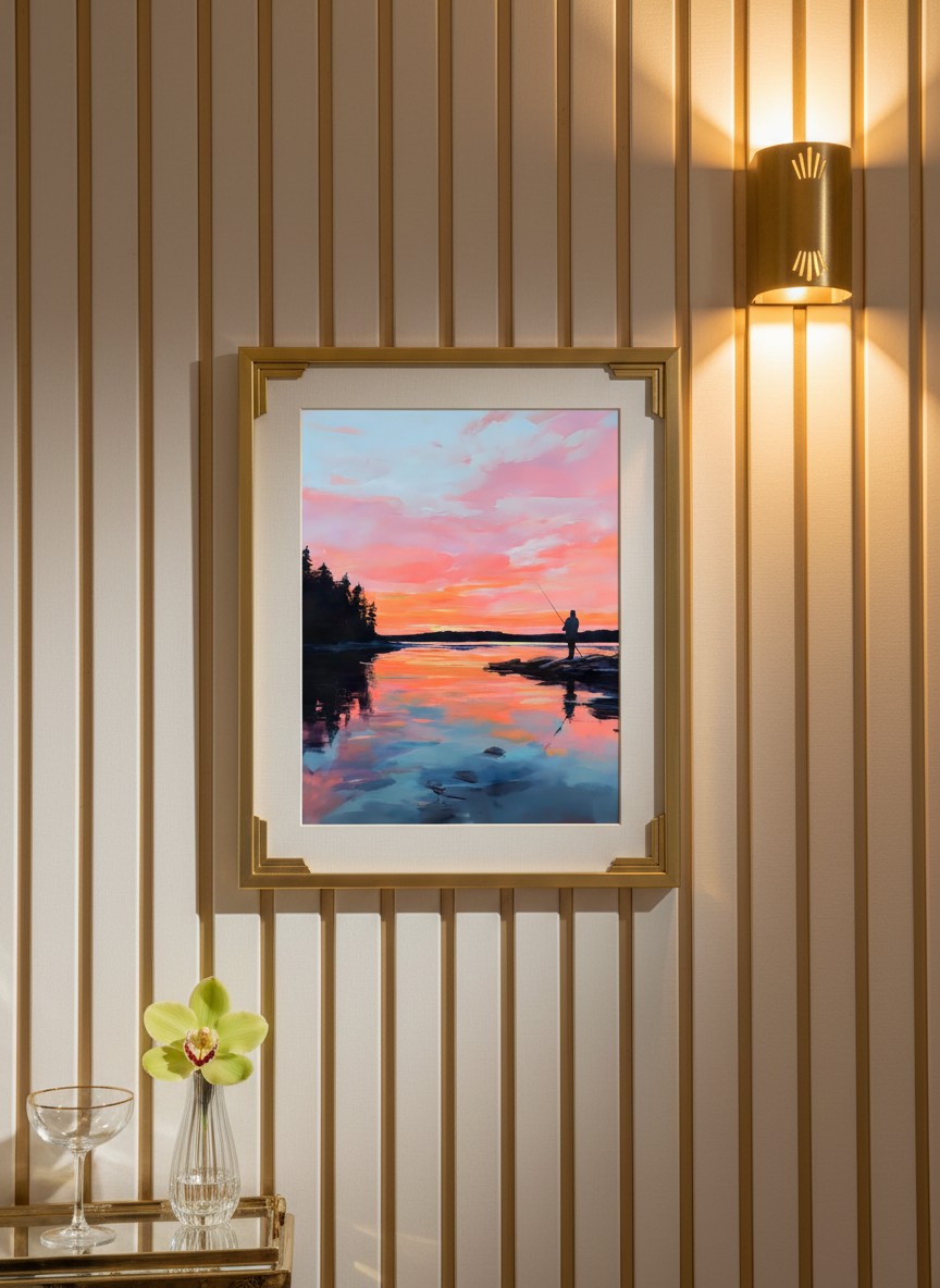 Fisherman Sunset Lake Art art print shown in a art deco geometric setting