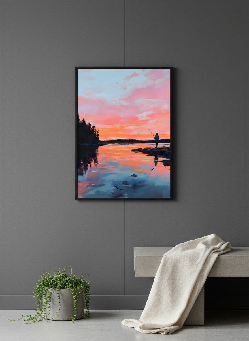 Fisherman Sunset Lake Art art print shown in a charcoal minimal black setting