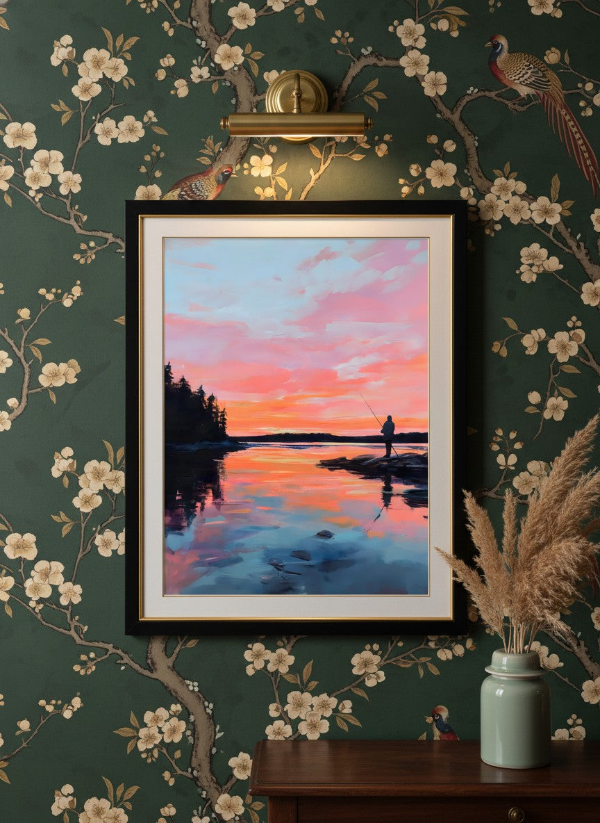 Fisherman Sunset Lake Art art print shown in a chinoiserie moody setting
