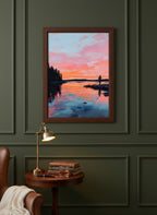 Fisherman Sunset Lake Art art print shown in a dark olive study setting