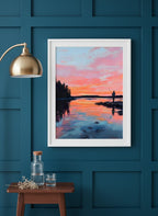 Fisherman Sunset Lake Art art print shown in a deep teal modern setting