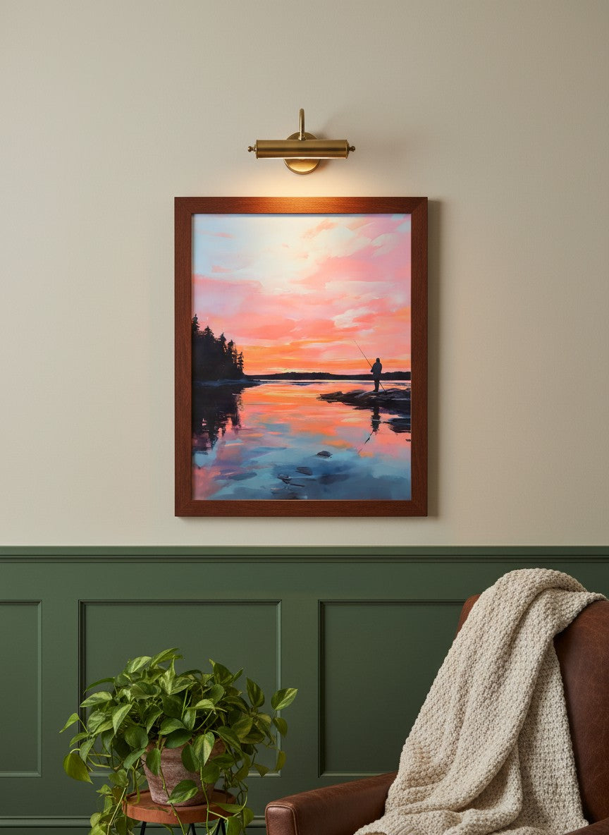 Fisherman Sunset Lake Art art print shown in a forest green walnut setting