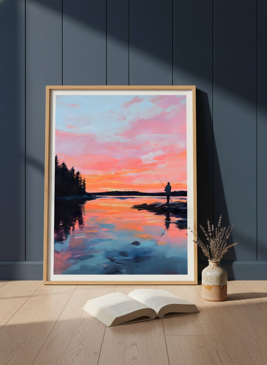 Fisherman Sunset Lake Art art print shown in a navy paneled oak setting