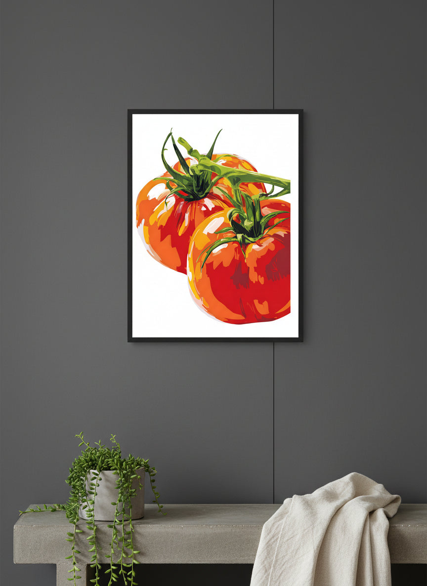 Heirloom Tomato Botanical Art art print shown in a charcoal minimal black setting