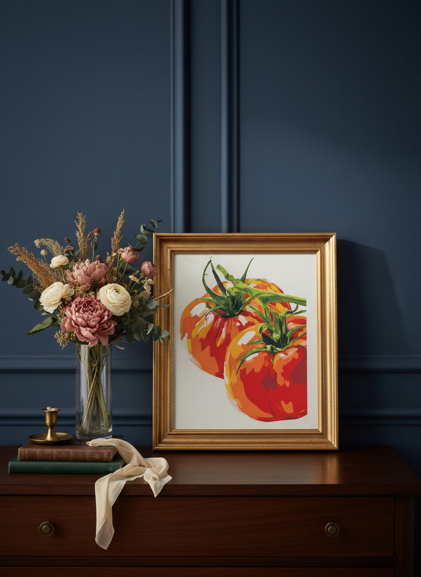 Heirloom Tomato Botanical Art art print shown in a dresser dried florals setting