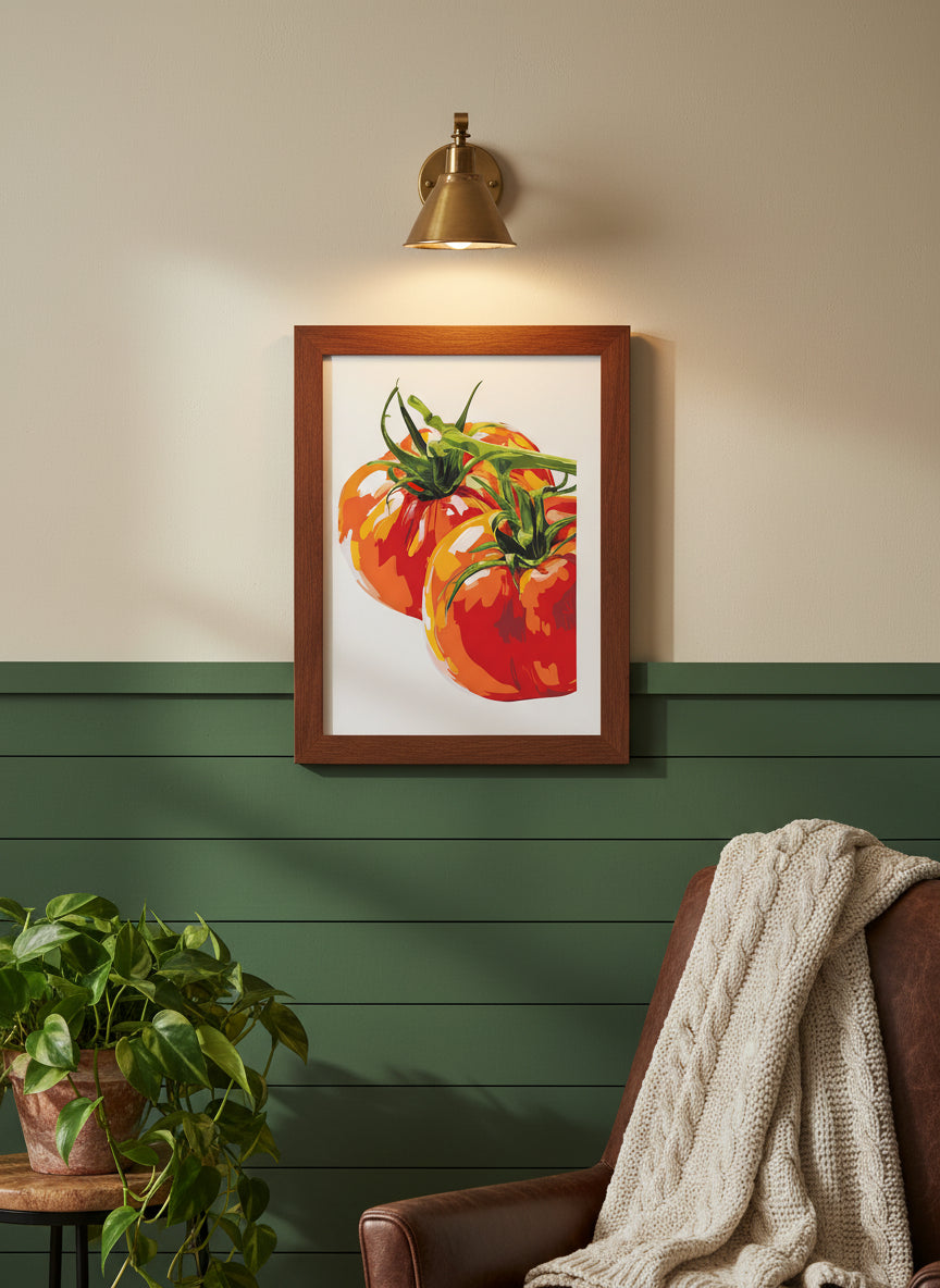 Heirloom Tomato Botanical Art art print shown in a forest green walnut setting