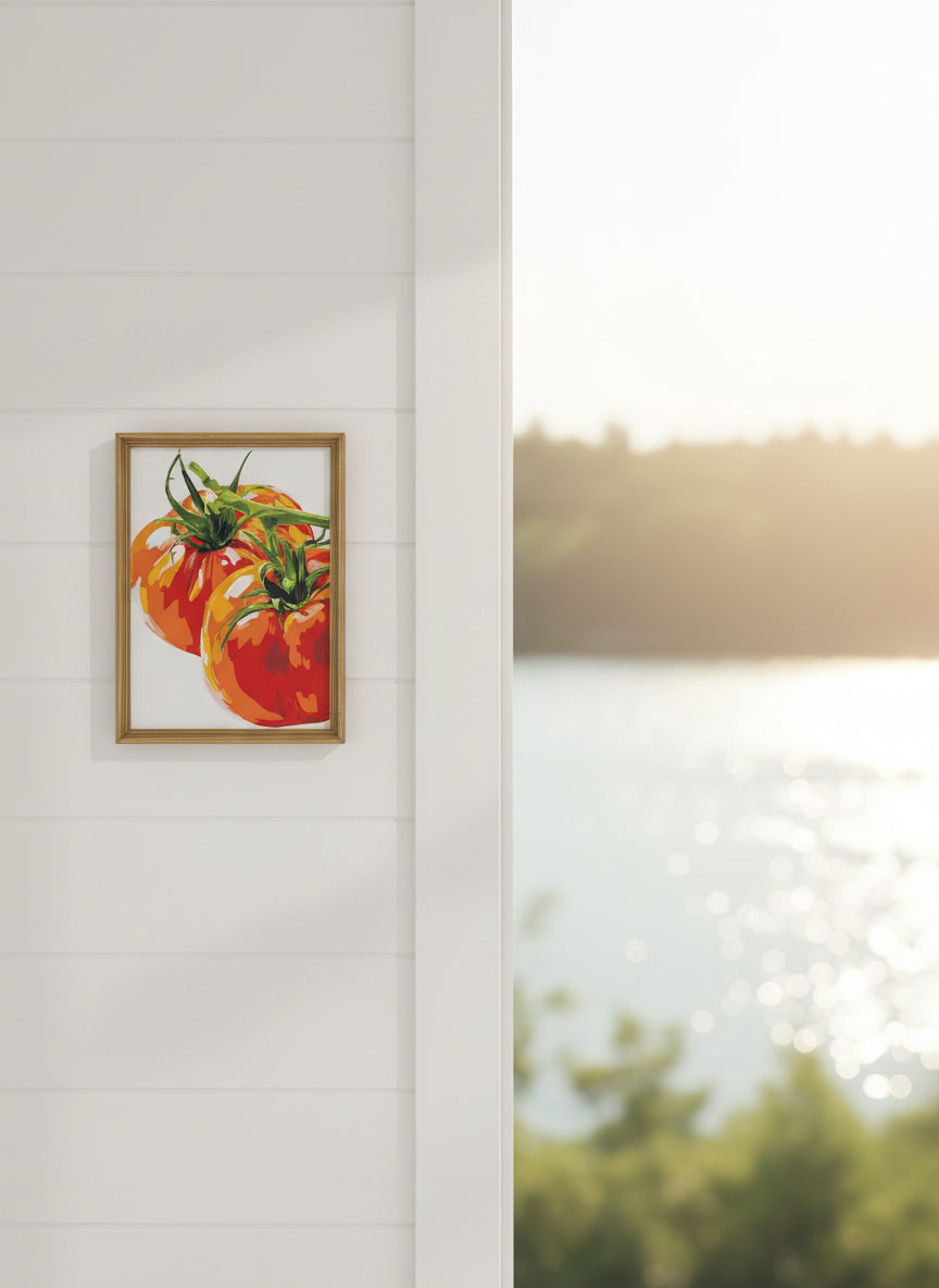Heirloom Tomato Botanical Art art print shown in a shiplap blurred view setting