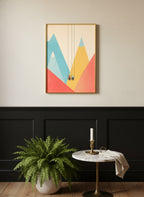 Minimalist Ski Lift Couple Art art print shown in a black wainscoting gold setting