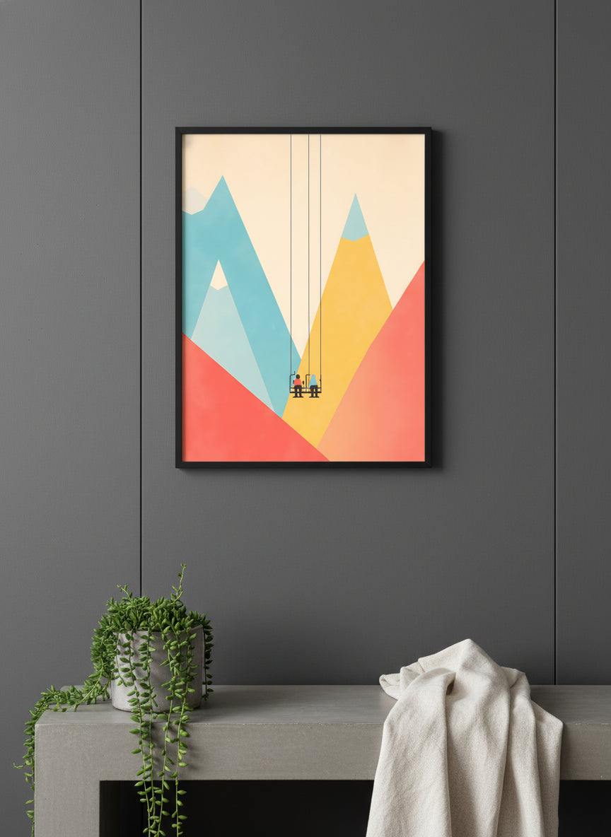 Minimalist Ski Lift Couple Art art print shown in a charcoal minimal black setting