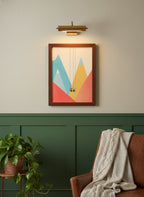 Minimalist Ski Lift Couple Art art print shown in a forest green walnut setting