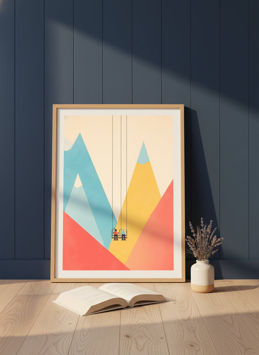 Minimalist Ski Lift Couple Art art print shown in a navy paneled oak setting