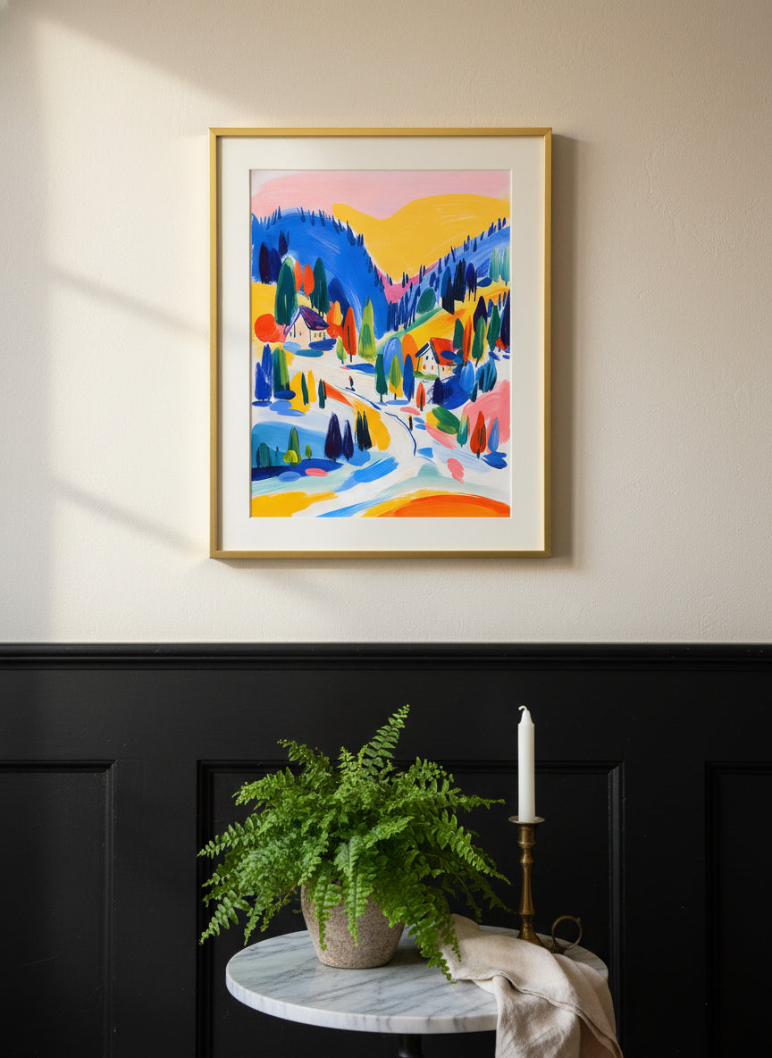 Colorful Alpine Ski Village Art art print shown in a black wainscoting gold setting