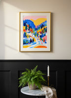 Colorful Alpine Ski Village Art art print shown in a black wainscoting gold setting