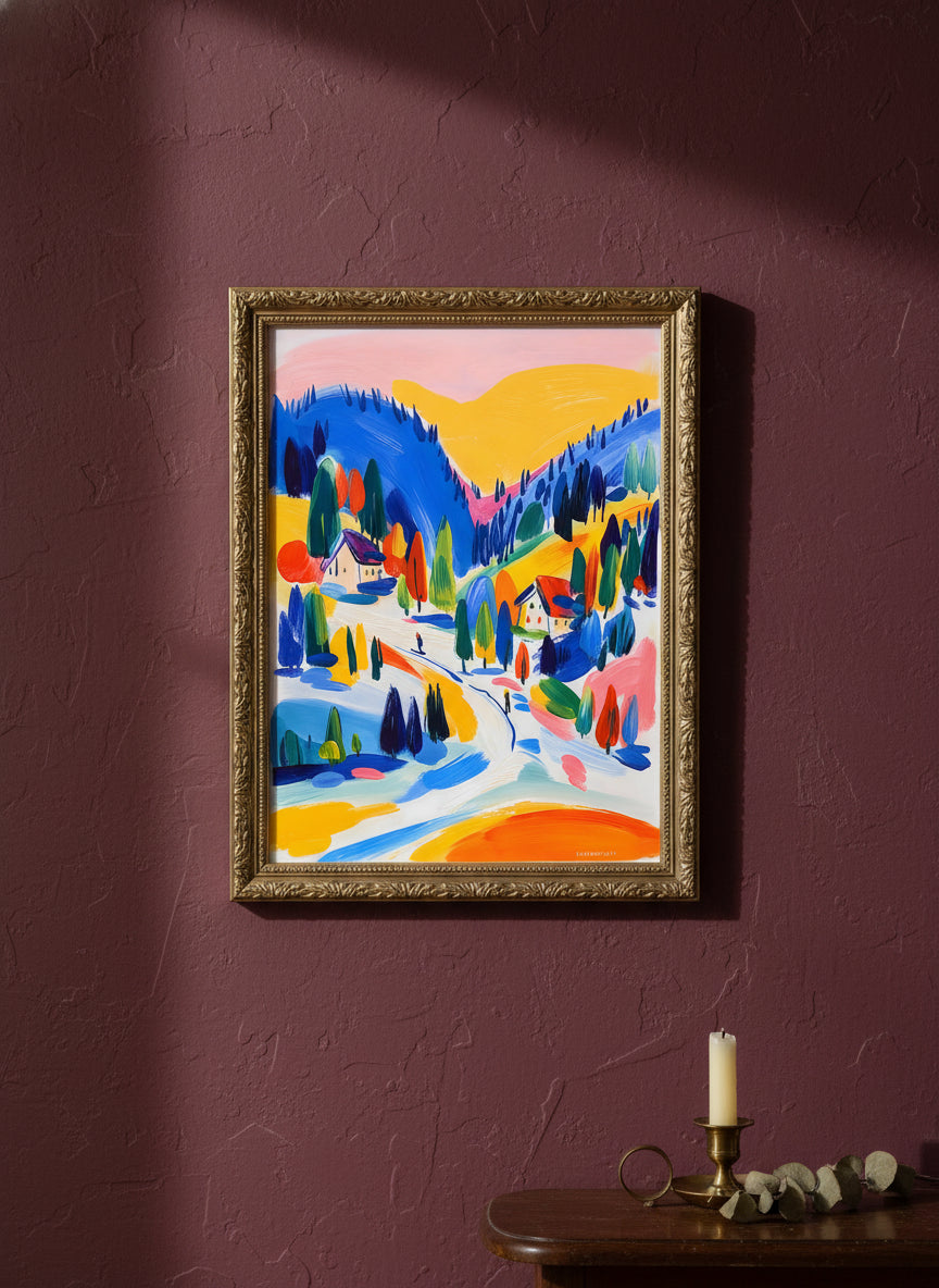 Colorful Alpine Ski Village Art art print shown in a burgundy brass setting