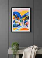 Colorful Alpine Ski Village Art art print shown in a charcoal minimal black setting