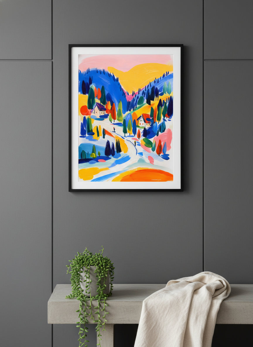 Colorful Alpine Ski Village Art art print shown in a charcoal minimal black setting