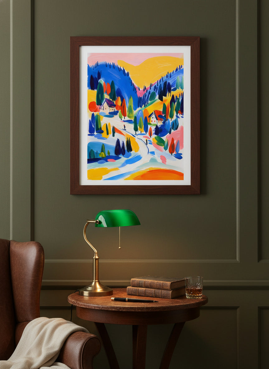 Colorful Alpine Ski Village Art art print shown in a dark olive study setting