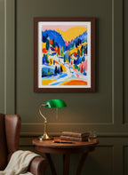 Colorful Alpine Ski Village Art art print shown in a dark olive study setting
