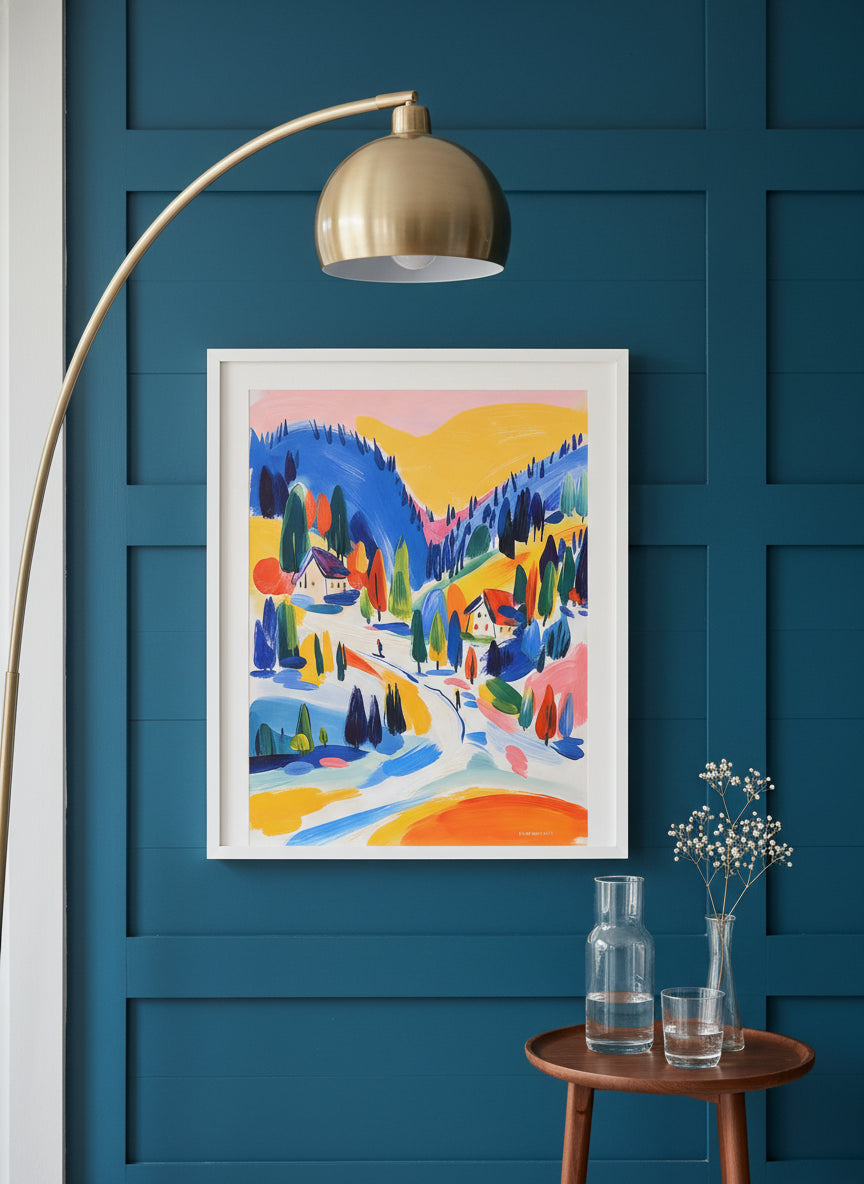 Colorful Alpine Ski Village Art art print shown in a deep teal modern setting