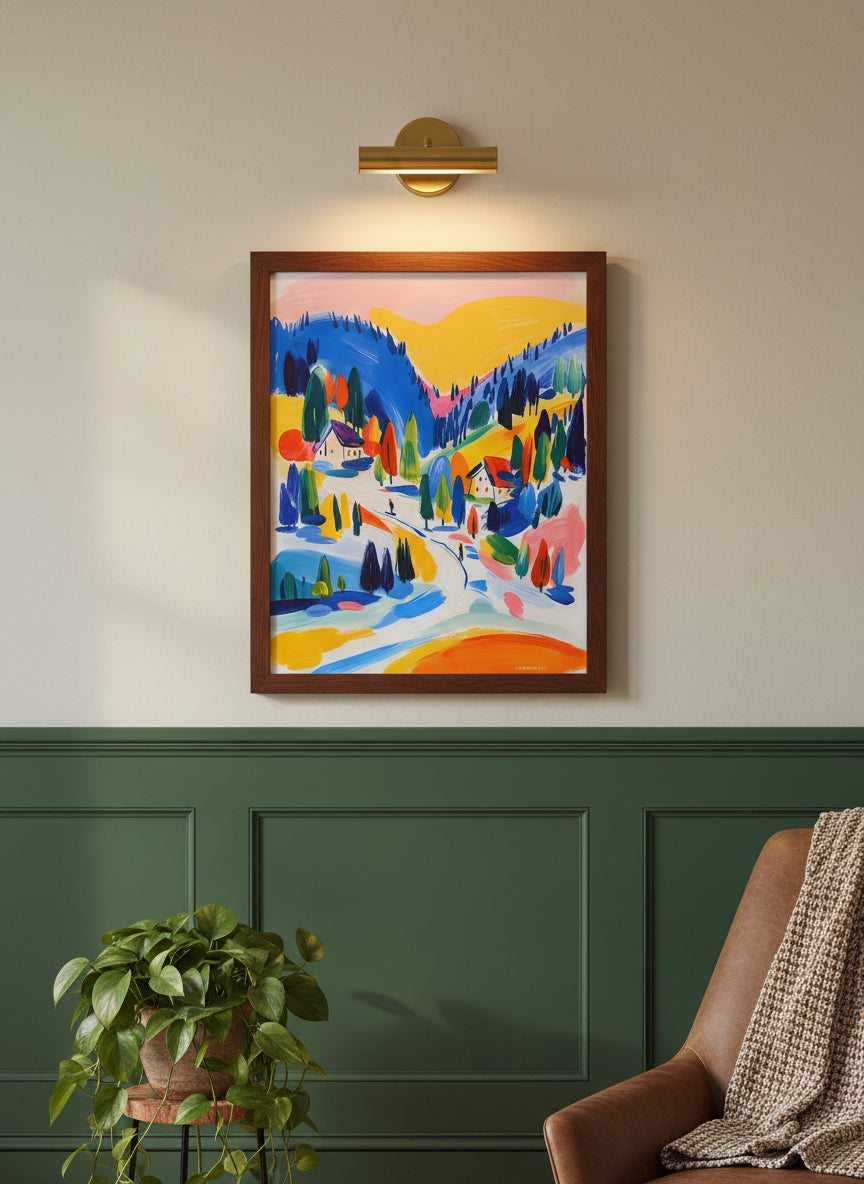 Colorful Alpine Ski Village Art art print shown in a forest green walnut setting