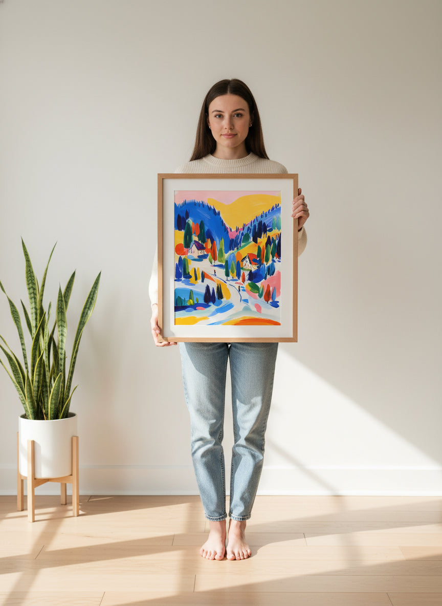 Colorful Alpine Ski Village Art art print shown in a person holding bright setting