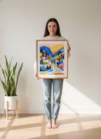 Colorful Alpine Ski Village Art art print shown in a person holding bright setting