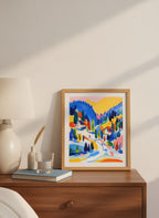 Colorful Alpine Ski Village Art art print shown in a small bedside oak setting