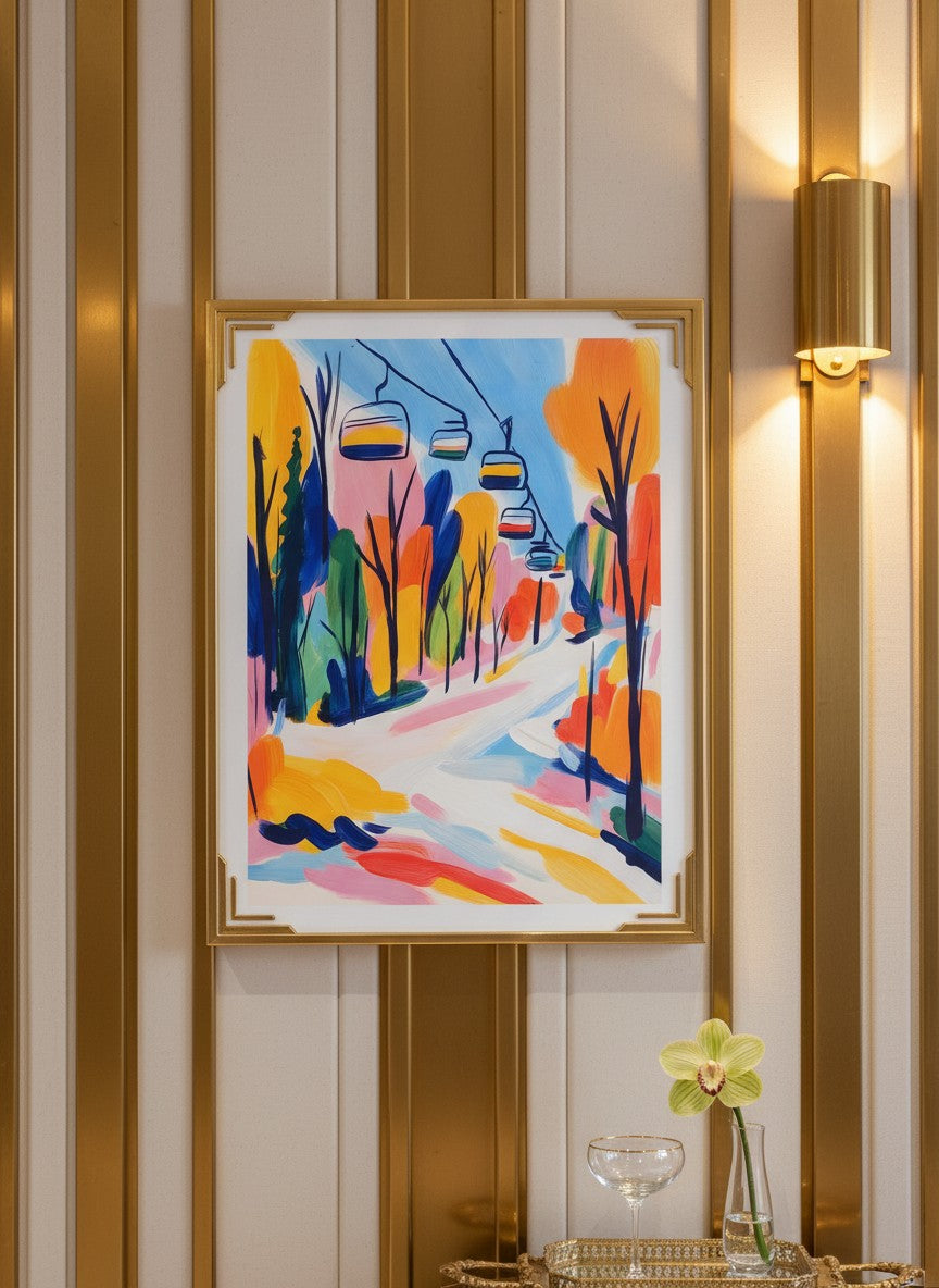 Colorful Ski Lift Mountain Art art print shown in a art deco geometric setting
