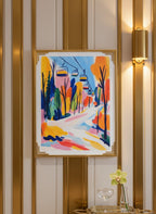 Colorful Ski Lift Mountain Art art print shown in a art deco geometric setting