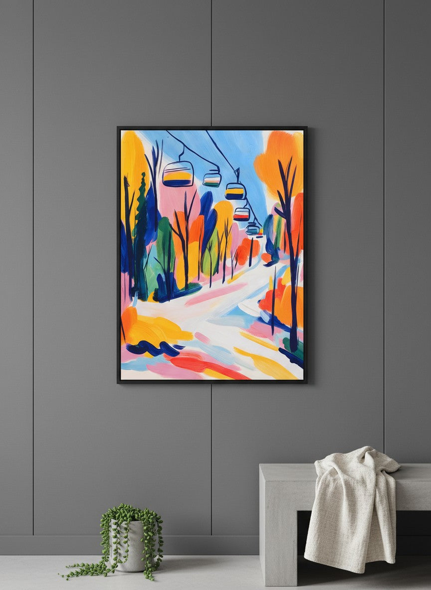 Colorful Ski Lift Mountain Art art print shown in a charcoal minimal black setting