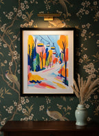 Colorful Ski Lift Mountain Art art print shown in a chinoiserie moody setting