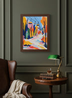 Colorful Ski Lift Mountain Art art print shown in a dark olive study setting