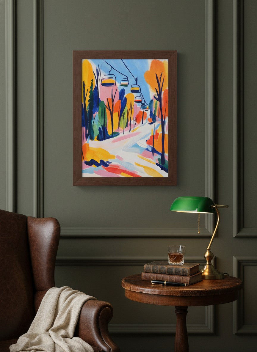 Colorful Ski Lift Mountain Art art print shown in a dark olive study setting