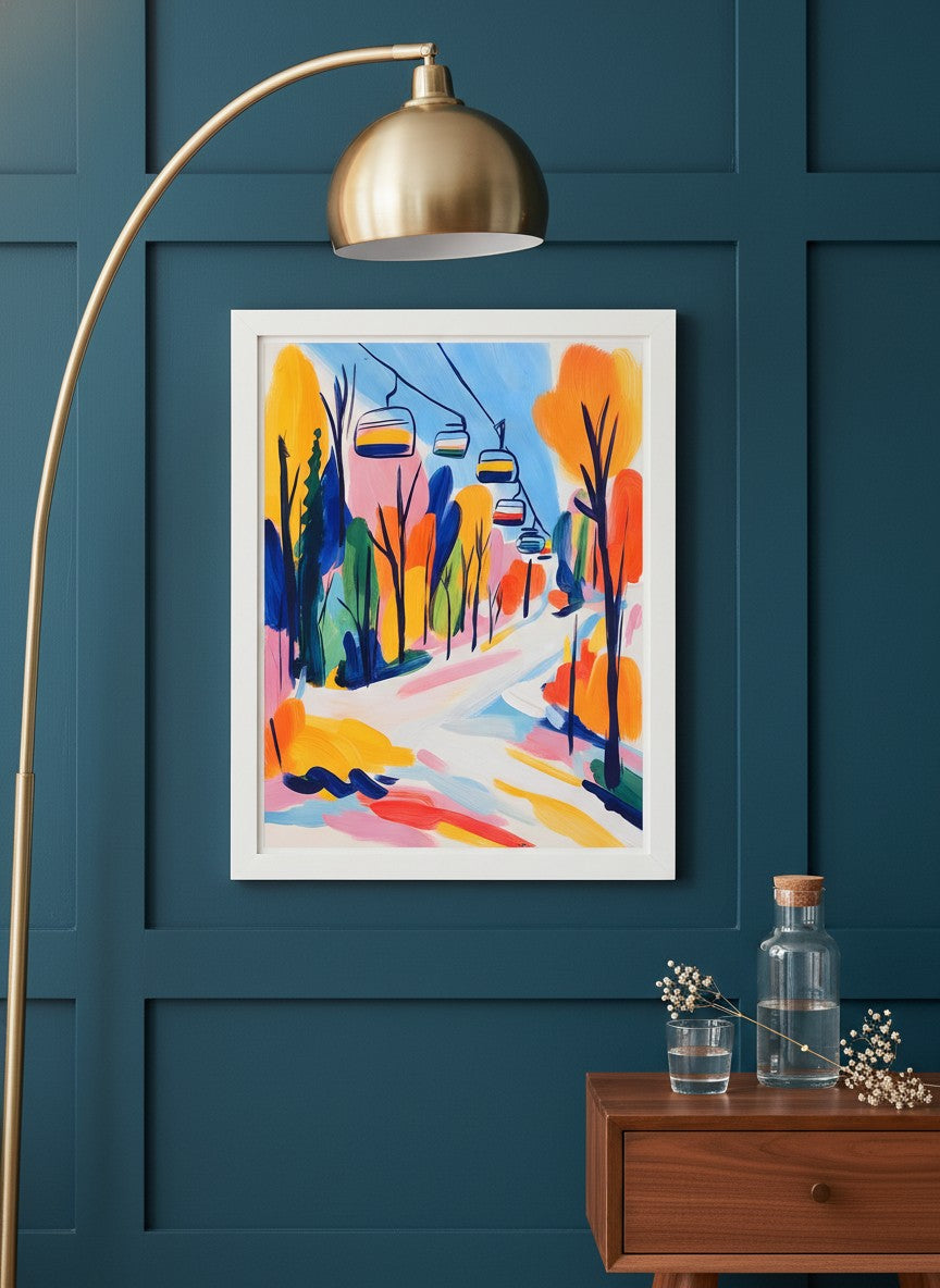 Colorful Ski Lift Mountain Art art print shown in a deep teal modern setting