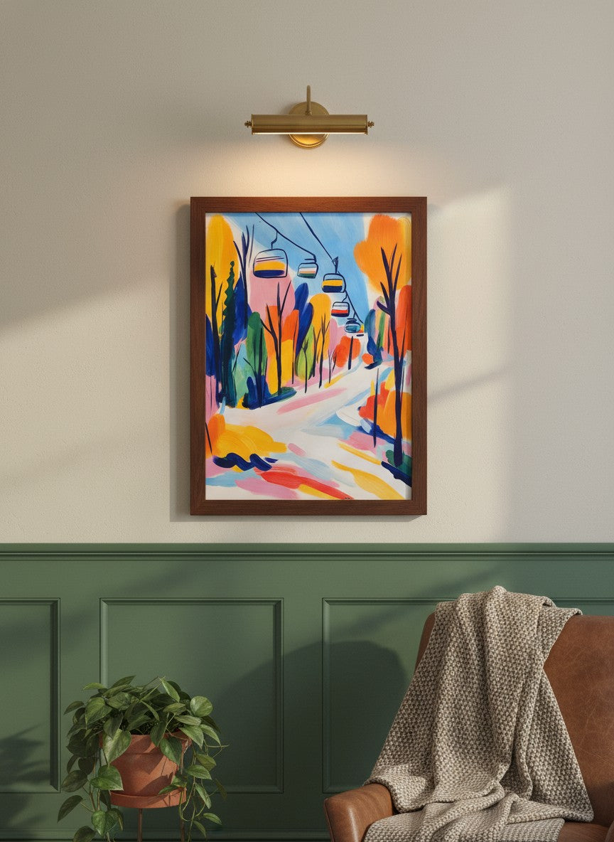 Colorful Ski Lift Mountain Art art print shown in a forest green walnut setting