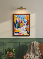 Colorful Ski Lift Mountain Art art print shown in a forest green walnut setting