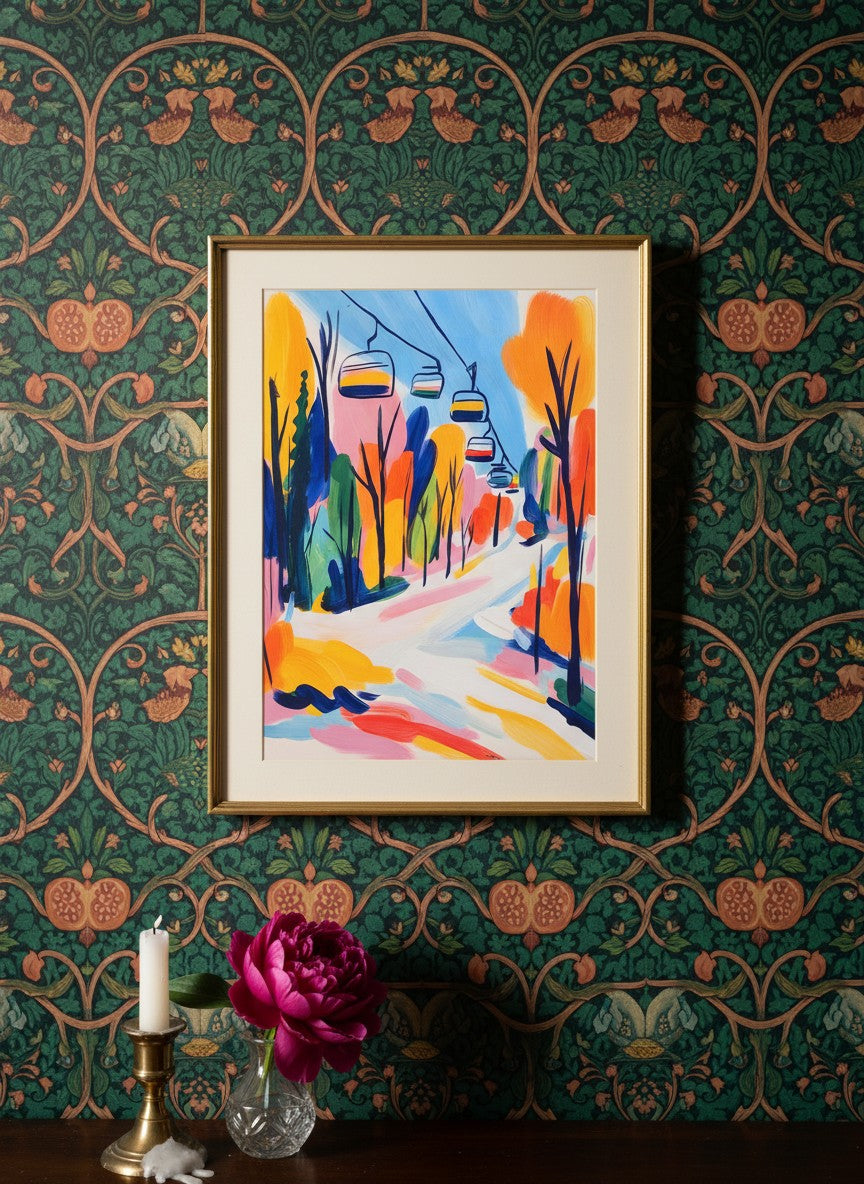 Colorful Ski Lift Mountain Art art print shown in a maximalist floral brass setting