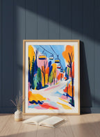 Colorful Ski Lift Mountain Art art print shown in a navy paneled oak setting