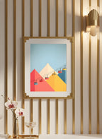Minimalist Ski Gondola Mountain Art art print shown in a art deco geometric setting